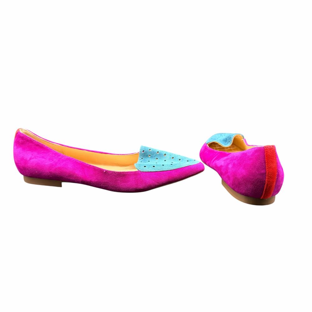 Brian Atwood Suede Flats 9.5 Pink Blue Pointed Toe Colorblock Perforated